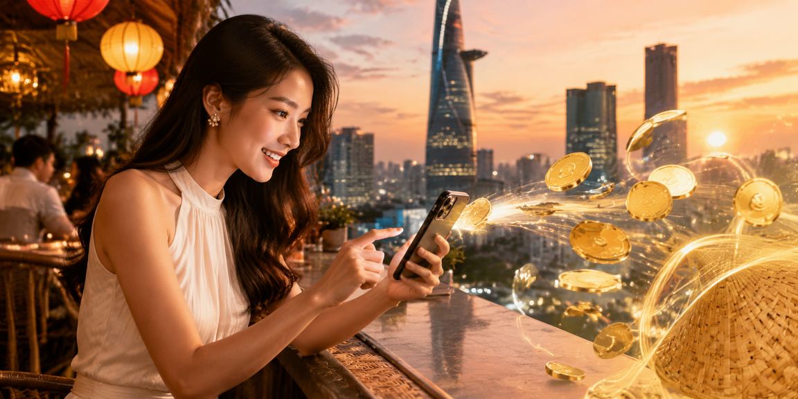 Người phụ nữ đội nón lá tại TP Hồ Chí Minh nhận cashback qua ứng dụng cá cược